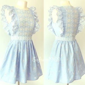 Light blue eyelet embroidered ruffle pleated dress